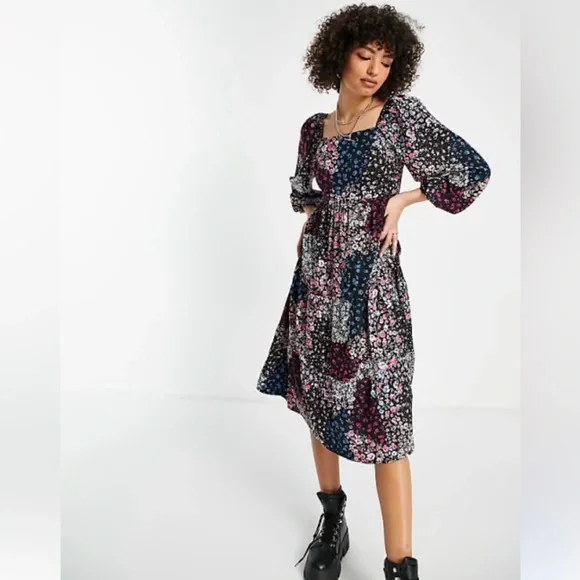 Patchwork square neck midi boho peasant milkmaid cottagecore dress puff sleeve - Picture 1 of 7